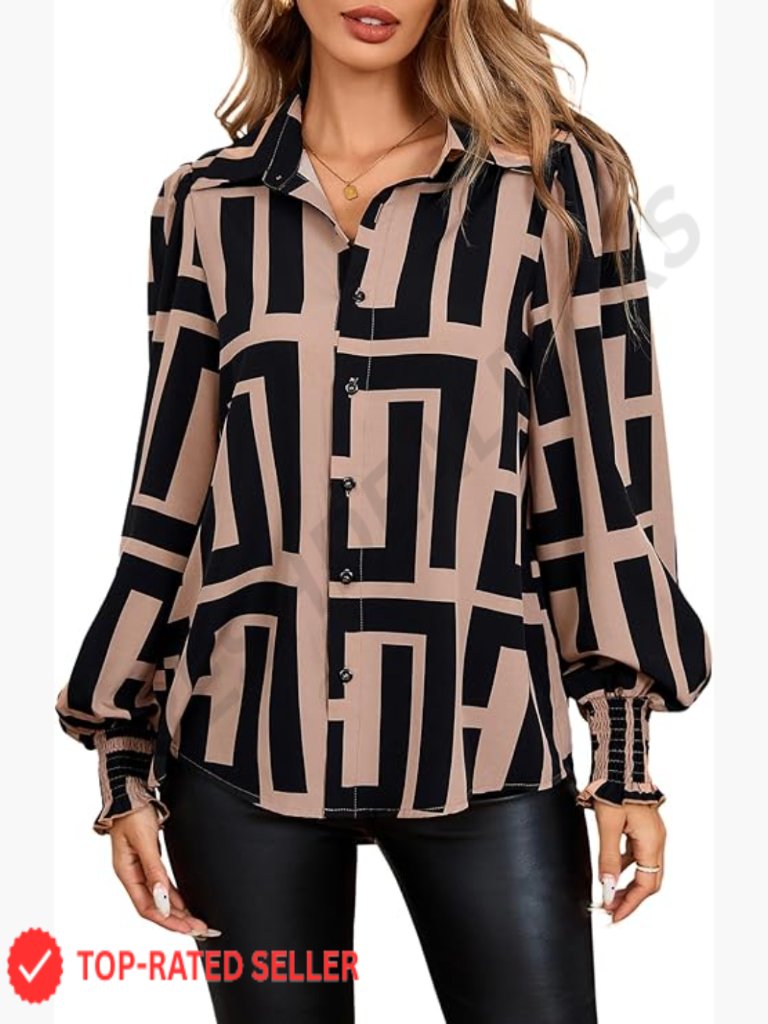 Graphic Print Long Lantern Sleeve Button Front Blouse Top Y2k Chic